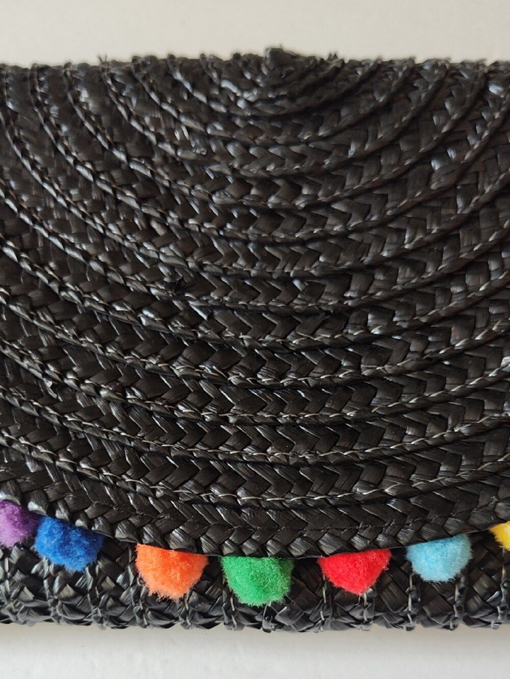 Black Straw Woven Multicolor Pom-Pom Clutch Purse - Picture 3 of 9